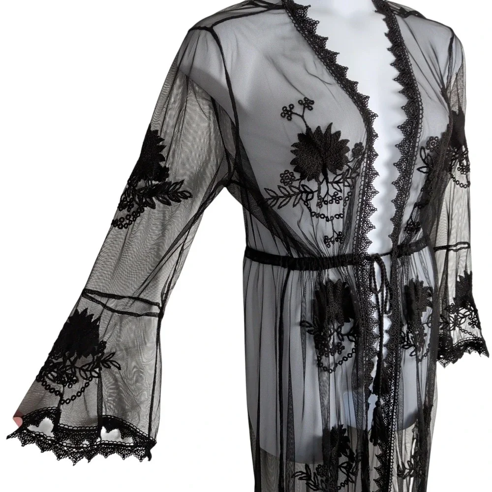 Whimsigoth Fairy Sheer Mesh Floral Embroidered Duster Kimono Robe